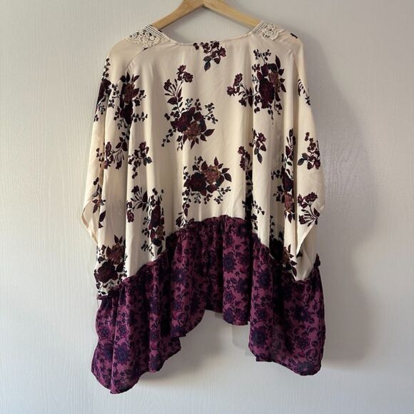 Stella Tweed Sheer Mixed Burgundy Floral Kimono Cover Up Cream Plum Size Medium - Picture 4 of 7